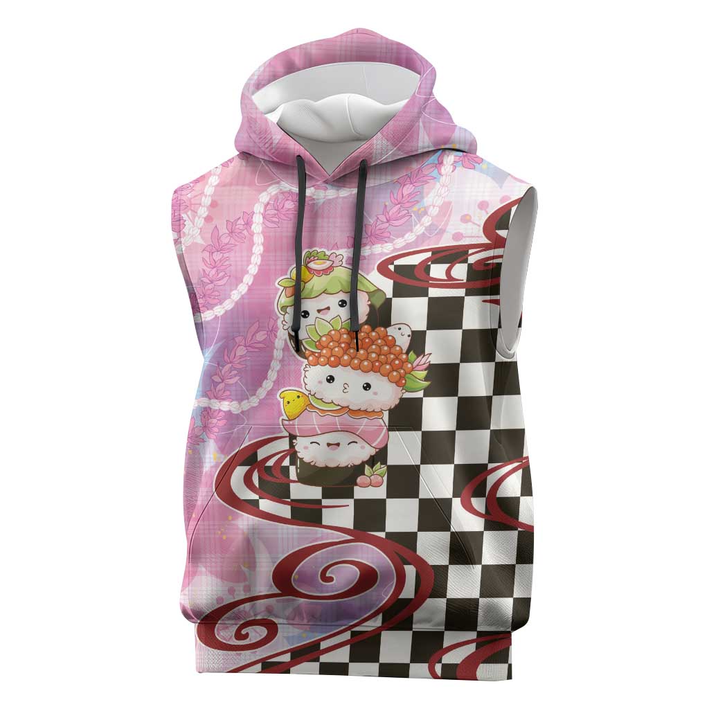 Personalized Japanese Kawaii Sushi Roll Sleeveless Hoodie Wagara Palaka Pattern LT9 Pink - Polynesian Pride
