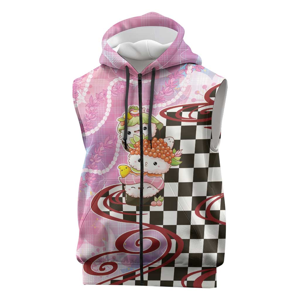 Personalized Japanese Kawaii Sushi Roll Sleeveless Zip Hoodie Wagara Palaka Pattern LT9 Pink - Polynesian Pride