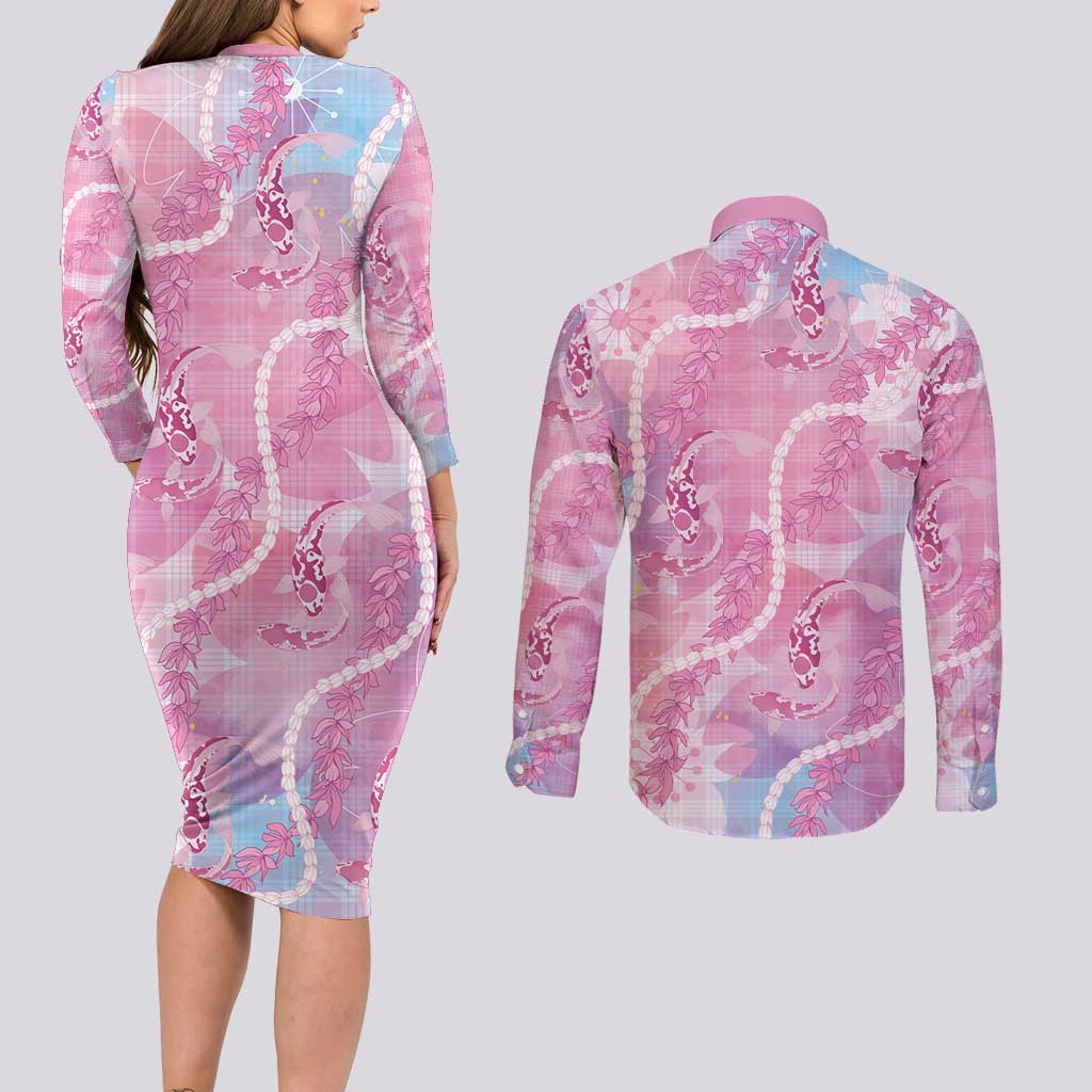 Japanese Koi Fish Couples Matching Long Sleeve Bodycon Dress and Long Sleeve Button Shirt Pink Wagara Palaka Honohono Pikake Lei