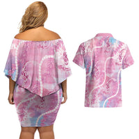 Japanese Koi Fish Couples Matching Off Shoulder Short Dress and Hawaiian Shirt Pink Wagara Palaka Honohono Pikake Lei