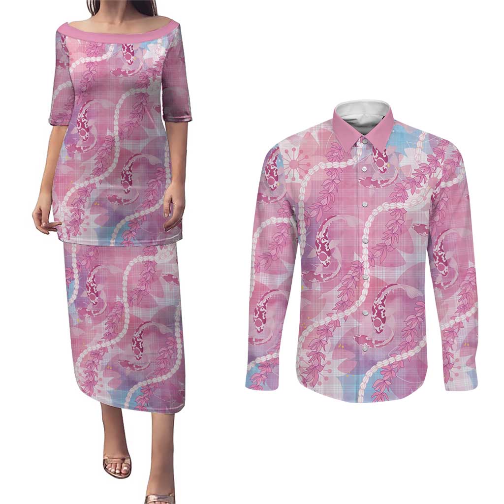 Japanese Koi Fish Couples Matching Puletasi and Long Sleeve Button Shirt Pink Wagara Palaka Honohono Pikake Lei