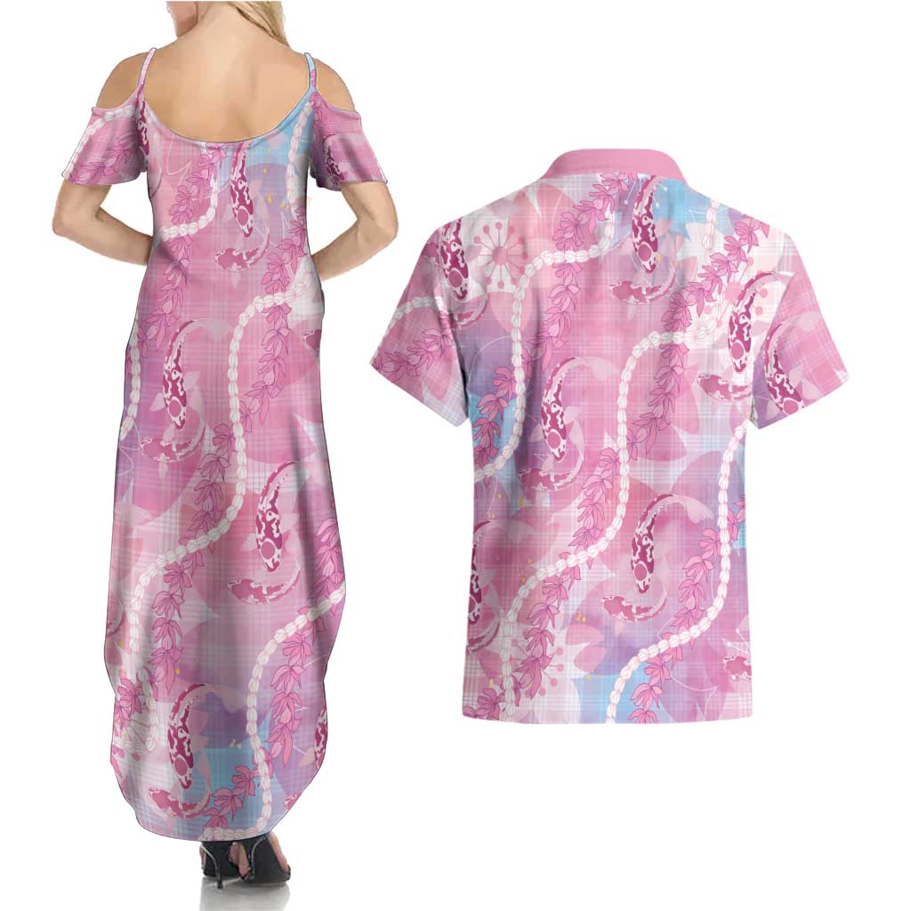 Japanese Koi Fish Couples Matching Summer Maxi Dress and Hawaiian Shirt Pink Wagara Palaka Honohono Pikake Lei
