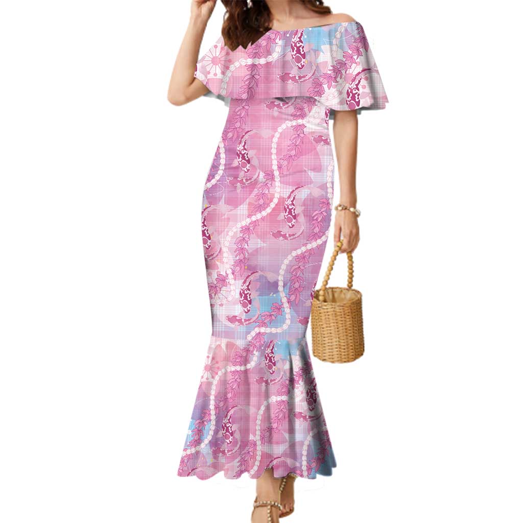 Japanese Koi Fish Family Matching Mermaid Dress and Hawaiian Shirt Pink Wagara Palaka Honohono Pikake Lei