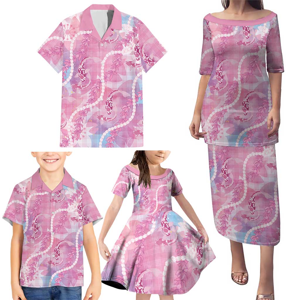 Japanese Koi Fish Family Matching Puletasi and Hawaiian Shirt Pink Wagara Palaka Honohono Pikake Lei