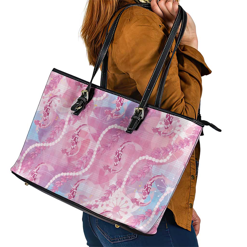Japanese Koi Fish Leather Tote Bag Pink Wagara Palaka Honohono Pikake Lei LT9 - Polynesian Pride