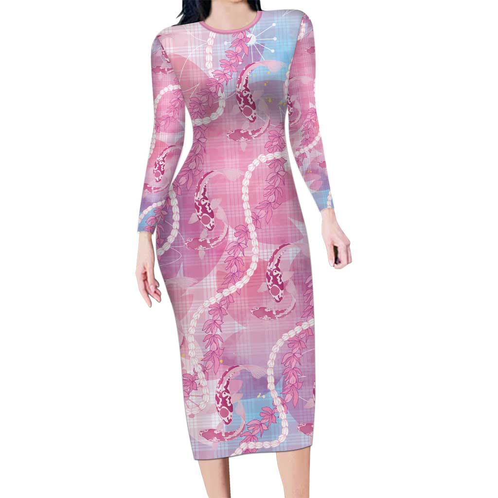 Japanese Koi Fish Long Sleeve Bodycon Dress Pink Wagara Palaka Honohono Pikake Lei LT9 Long Dress Pink - Polynesian Pride