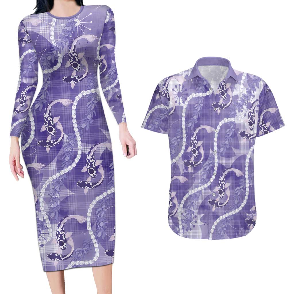 Japanese Koi Fish Couples Matching Long Sleeve Bodycon Dress and Hawaiian Shirt Purple Wagara Palaka Honohono Pikake Lei