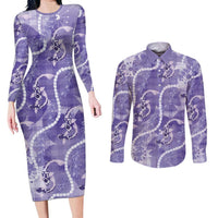 Japanese Koi Fish Couples Matching Long Sleeve Bodycon Dress and Long Sleeve Button Shirt Purple Wagara Palaka Honohono Pikake Lei