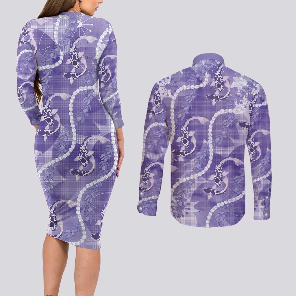 Japanese Koi Fish Couples Matching Long Sleeve Bodycon Dress and Long Sleeve Button Shirt Purple Wagara Palaka Honohono Pikake Lei