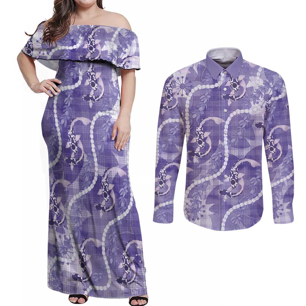 Japanese Koi Fish Couples Matching Off Shoulder Maxi Dress and Long Sleeve Button Shirt Purple Wagara Palaka Honohono Pikake Lei
