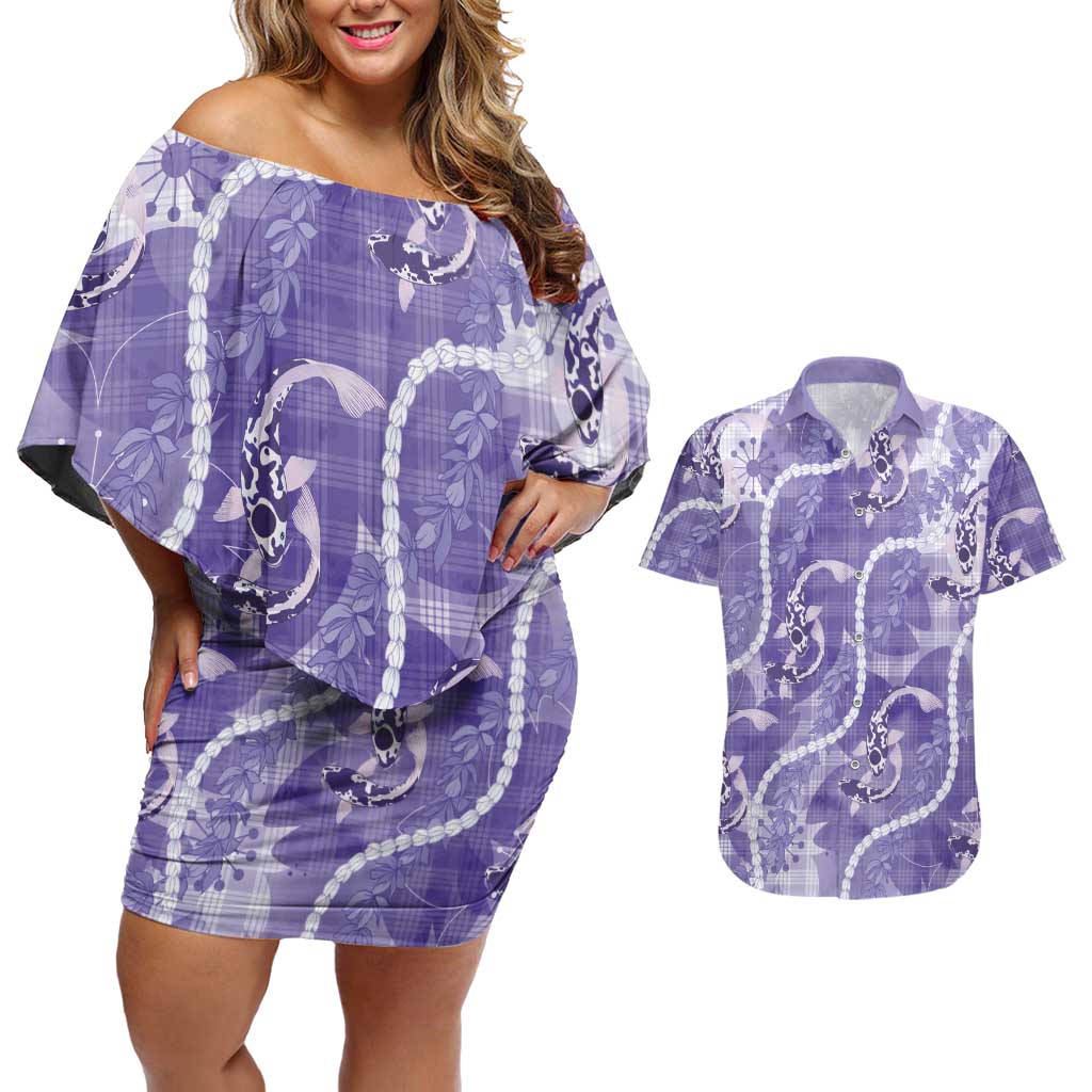 Japanese Koi Fish Couples Matching Off Shoulder Short Dress and Hawaiian Shirt Purple Wagara Palaka Honohono Pikake Lei