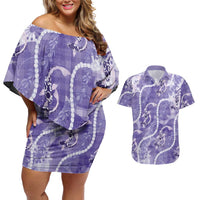 Japanese Koi Fish Couples Matching Off Shoulder Short Dress and Hawaiian Shirt Purple Wagara Palaka Honohono Pikake Lei