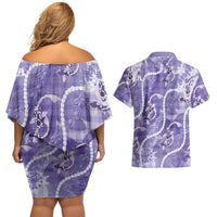 Japanese Koi Fish Couples Matching Off Shoulder Short Dress and Hawaiian Shirt Purple Wagara Palaka Honohono Pikake Lei