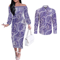 Japanese Koi Fish Couples Matching Off The Shoulder Long Sleeve Dress and Long Sleeve Button Shirt Purple Wagara Palaka Honohono Pikake Lei