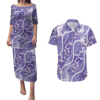 Japanese Koi Fish Couples Matching Puletasi and Hawaiian Shirt Purple Wagara Palaka Honohono Pikake Lei
