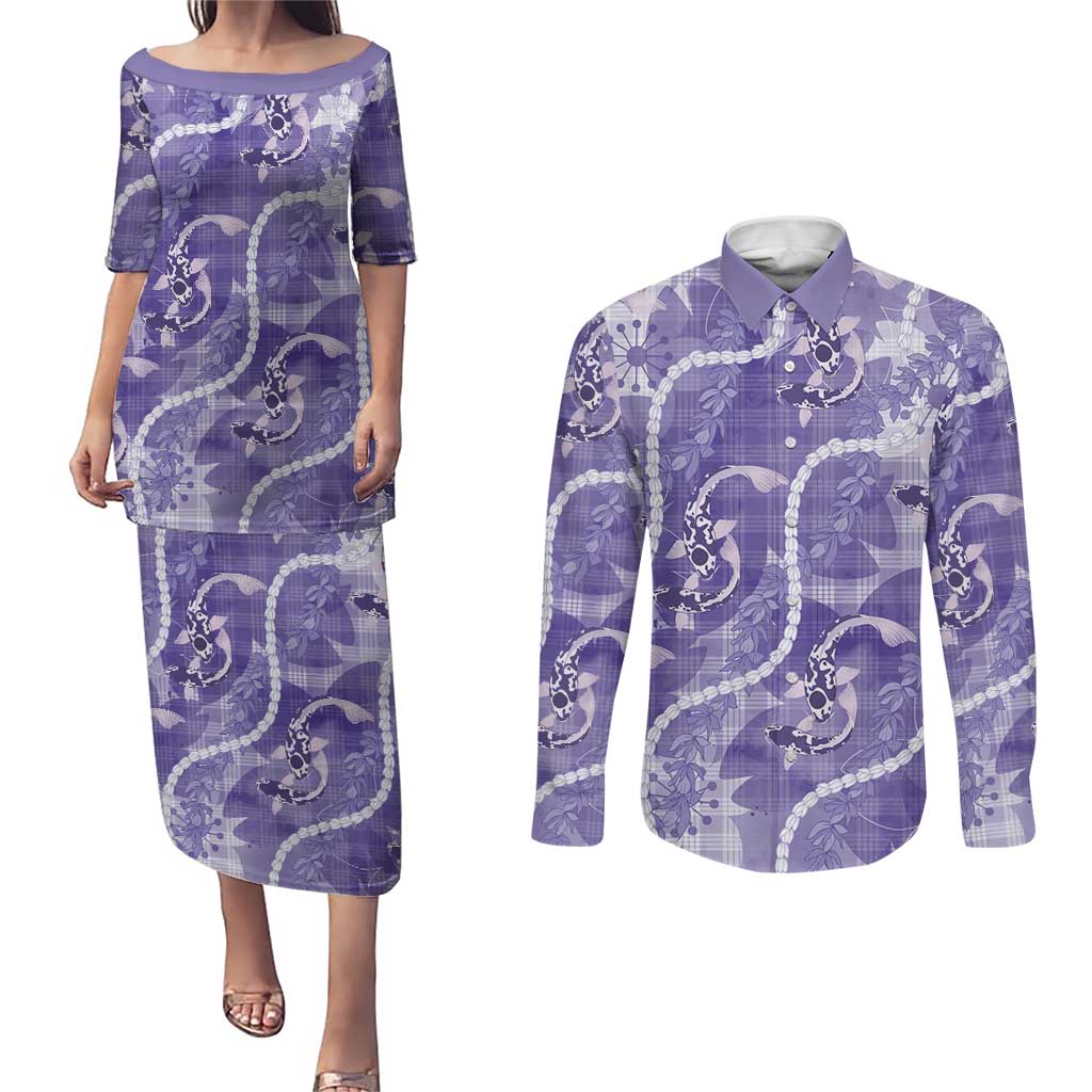 Japanese Koi Fish Couples Matching Puletasi and Long Sleeve Button Shirt Purple Wagara Palaka Honohono Pikake Lei