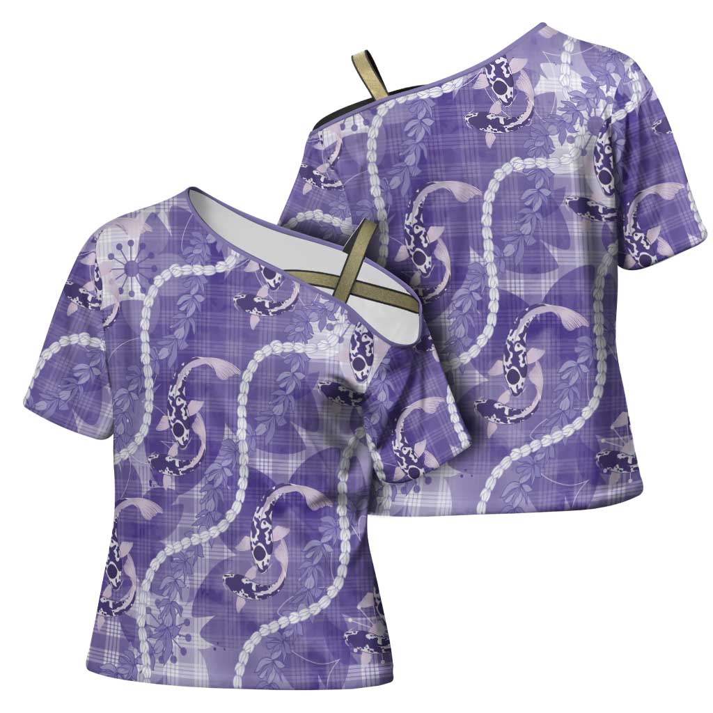 Japanese Koi Fish Cross Shoulder Shirt Purple Wagara Palaka Honohono Pikake Lei