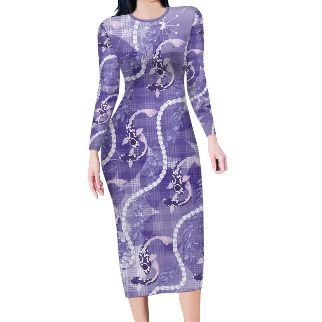 Japanese Koi Fish Family Matching Long Sleeve Bodycon Dress and Hawaiian Shirt Purple Wagara Palaka Honohono Pikake Lei LT9 Mom's Dress Purple - Polynesian Pride