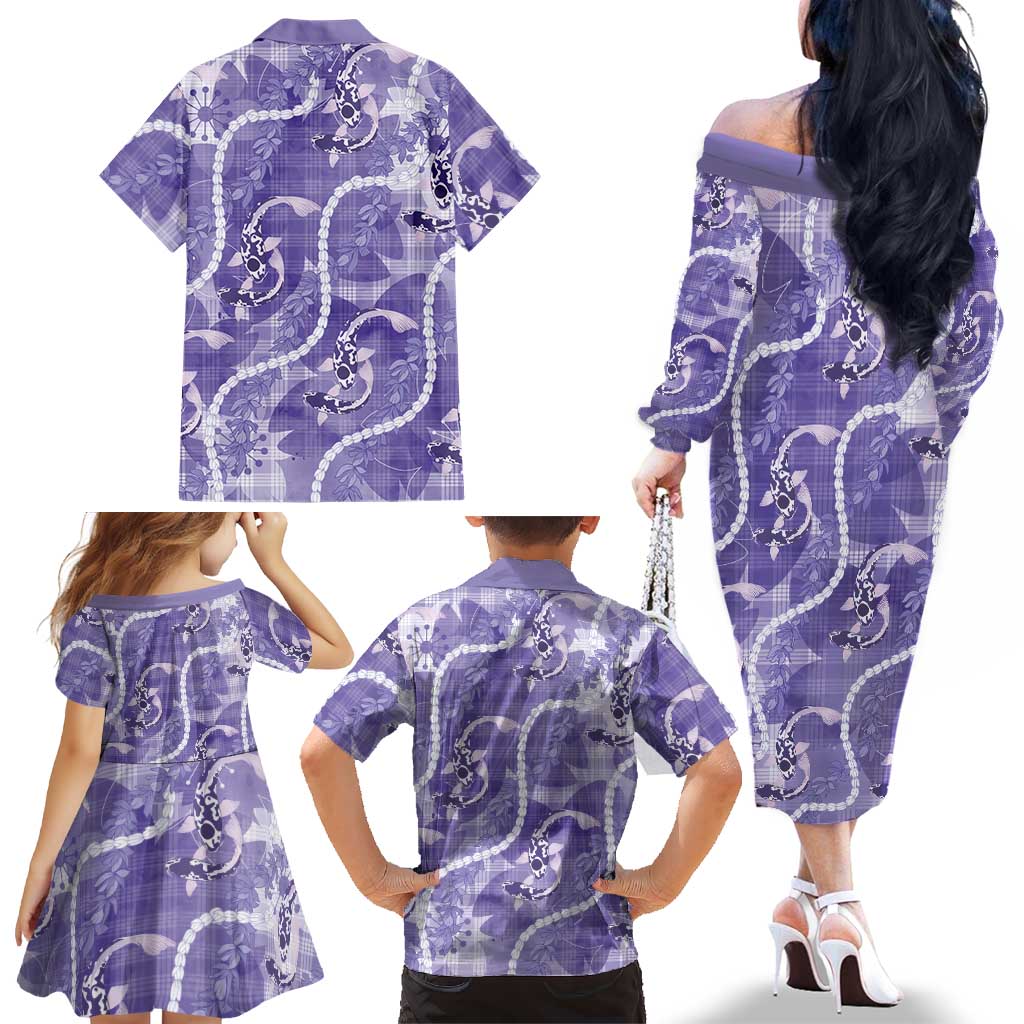 Japanese Koi Fish Family Matching Off The Shoulder Long Sleeve Dress and Hawaiian Shirt Purple Wagara Palaka Honohono Pikake Lei LT9 - Polynesian Pride