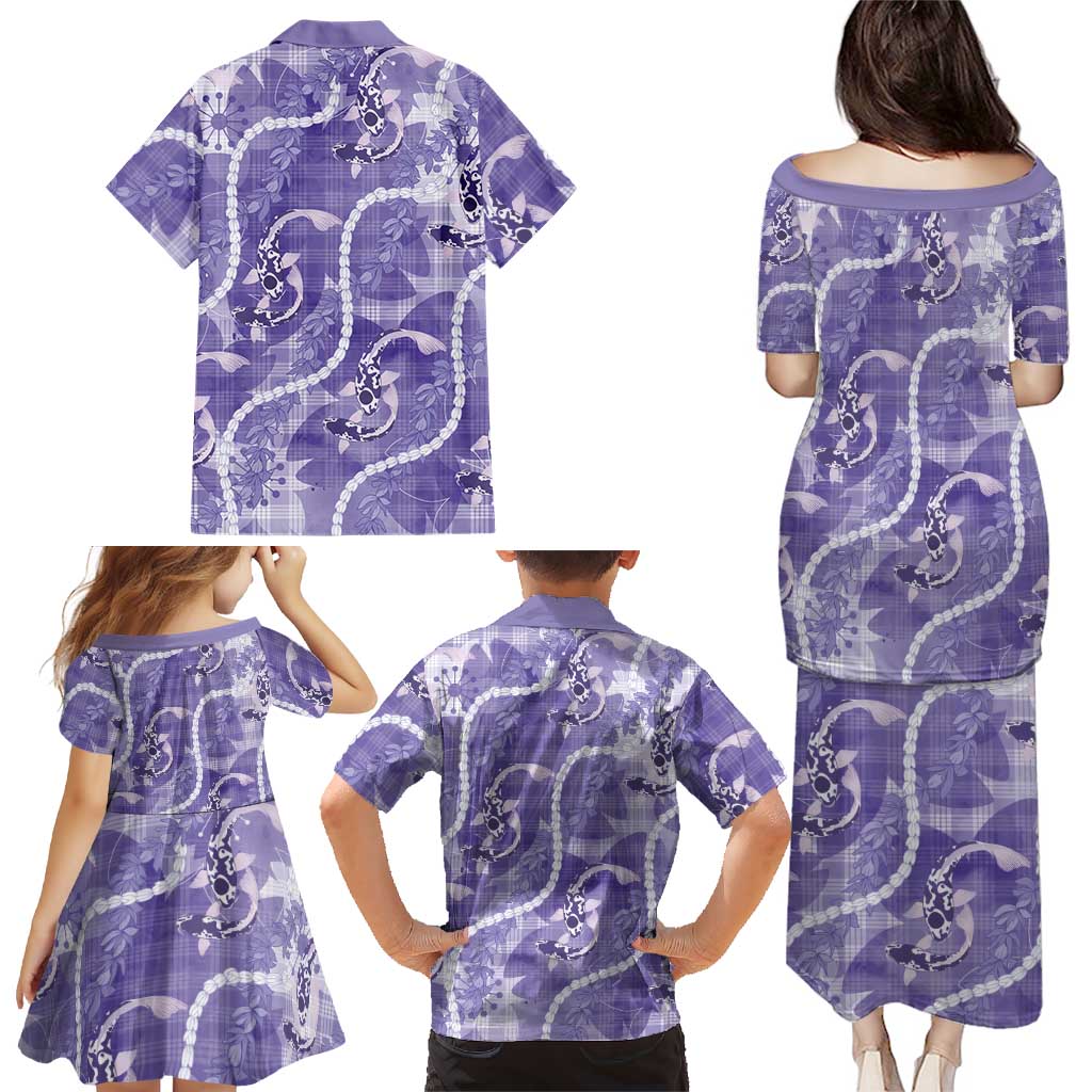 Japanese Koi Fish Family Matching Puletasi and Hawaiian Shirt Purple Wagara Palaka Honohono Pikake Lei