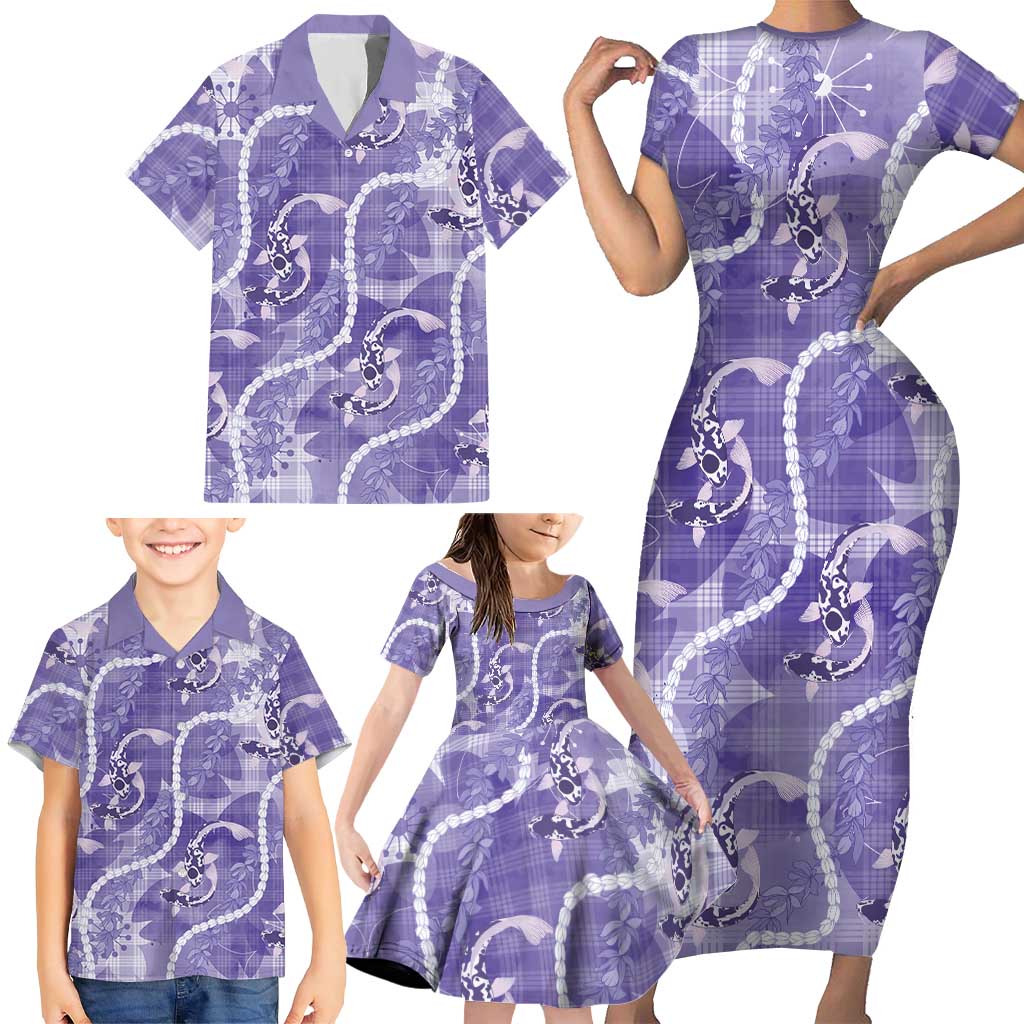 Japanese Koi Fish Family Matching Short Sleeve Bodycon Dress and Hawaiian Shirt Purple Wagara Palaka Honohono Pikake Lei LT9 - Polynesian Pride