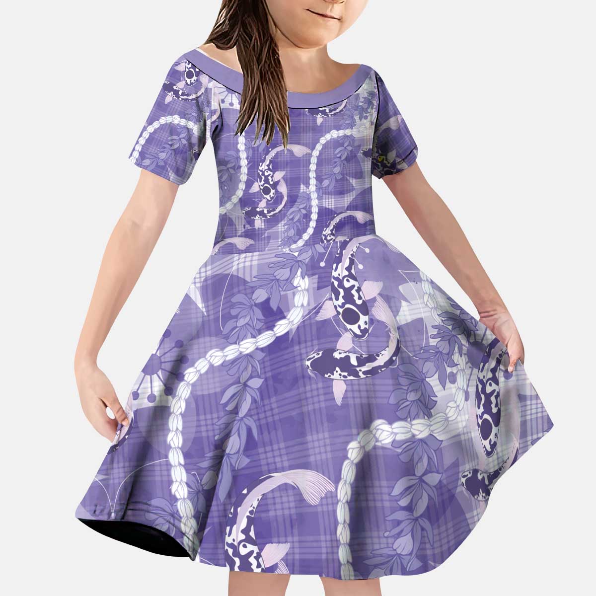 Japanese Koi Fish Kid Short Sleeve Dress Purple Wagara Palaka Honohono Pikake Lei LT9 KID Purple - Polynesian Pride