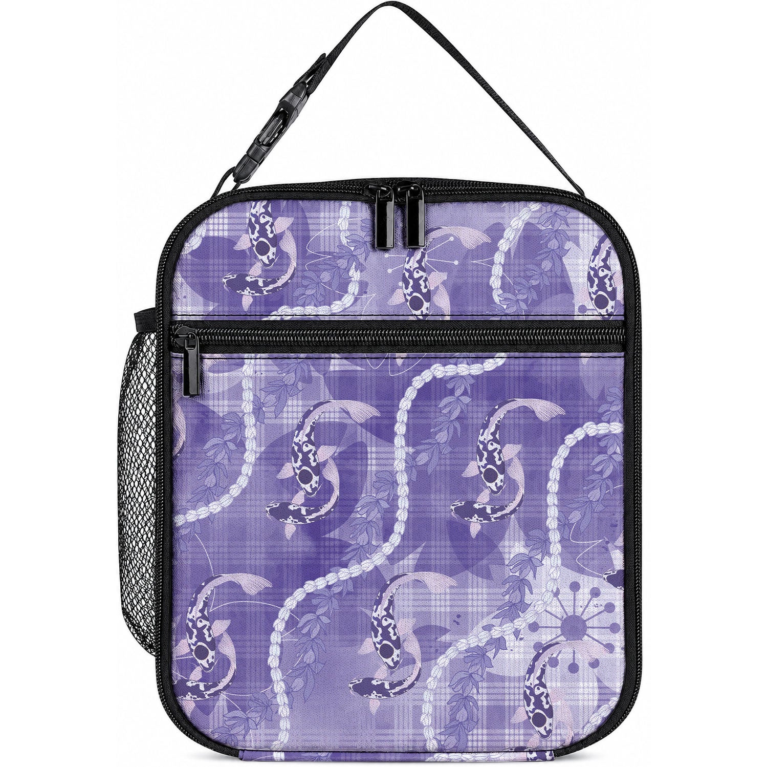 Japanese Koi Fish Lunch Bag Purple Wagara Palaka Honohono Pikake Lei LT9 10.2 × 8.3 × 4.3 inch Purple - Polynesian Pride