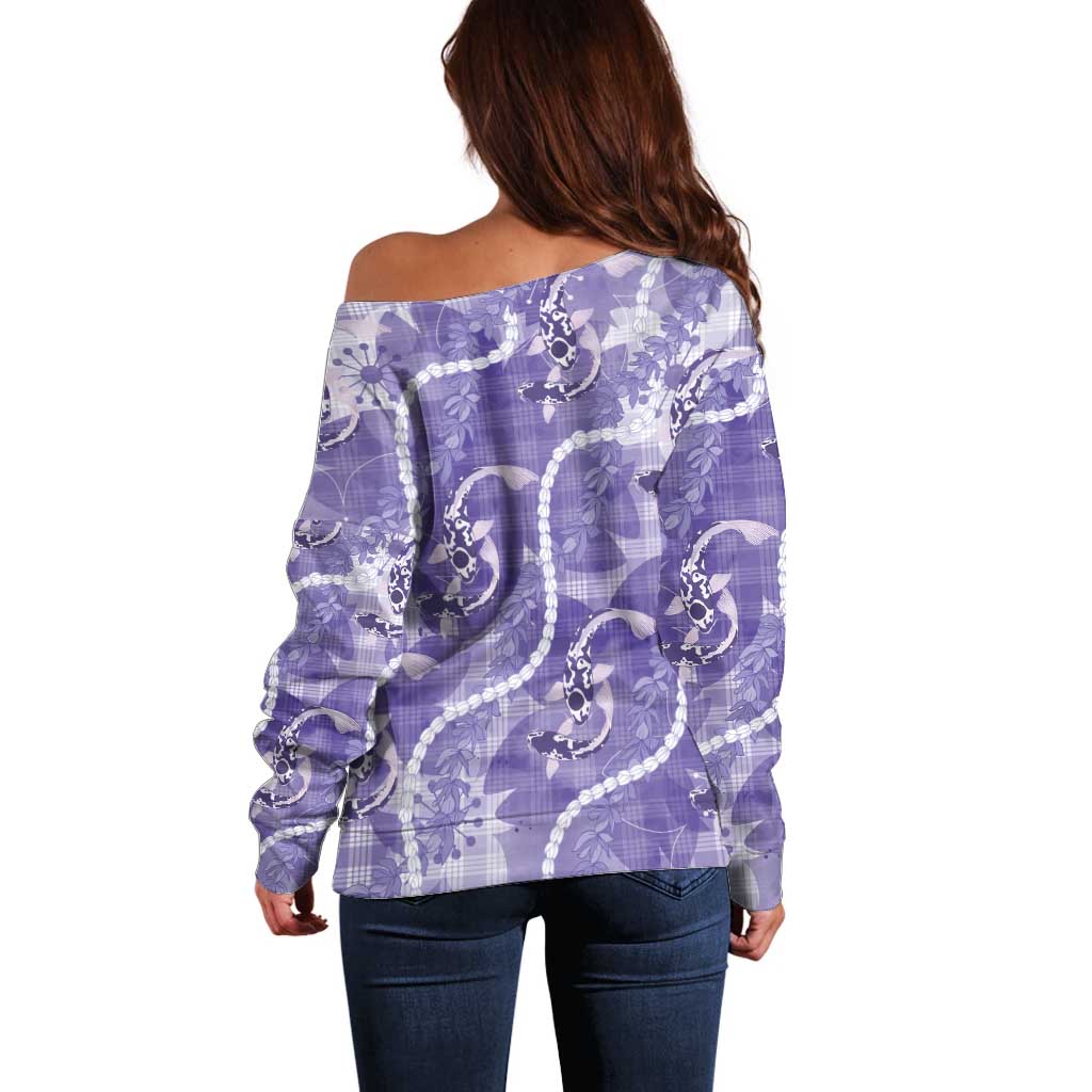 Japanese Koi Fish Off Shoulder Sweater Purple Wagara Palaka Honohono Pikake Lei
