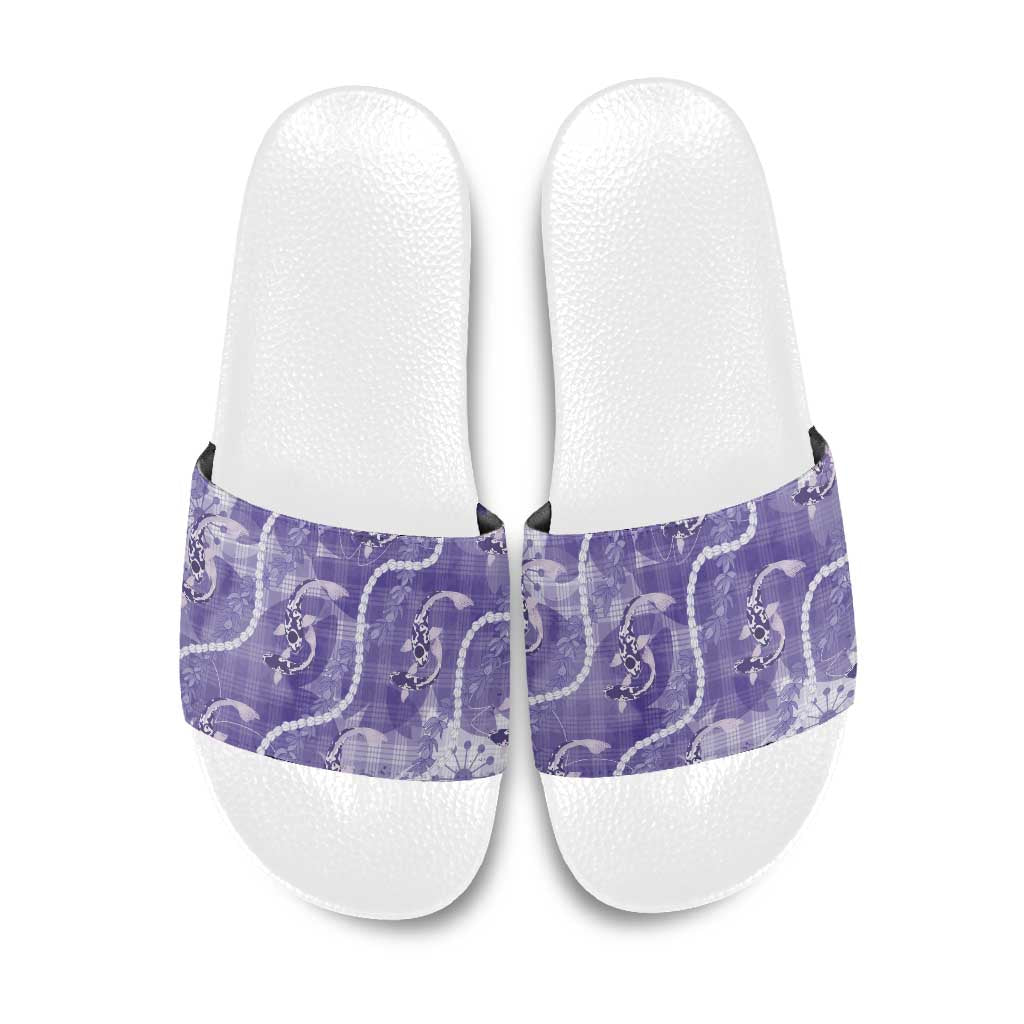 Japanese Koi Fish Slide Sandals Purple Wagara Palaka Honohono Pikake Lei