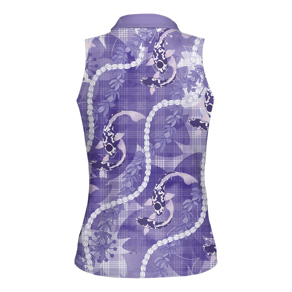 Japanese Koi Fish Women Sleeveless Polo Shirt Purple Wagara Palaka Honohono Pikake Lei