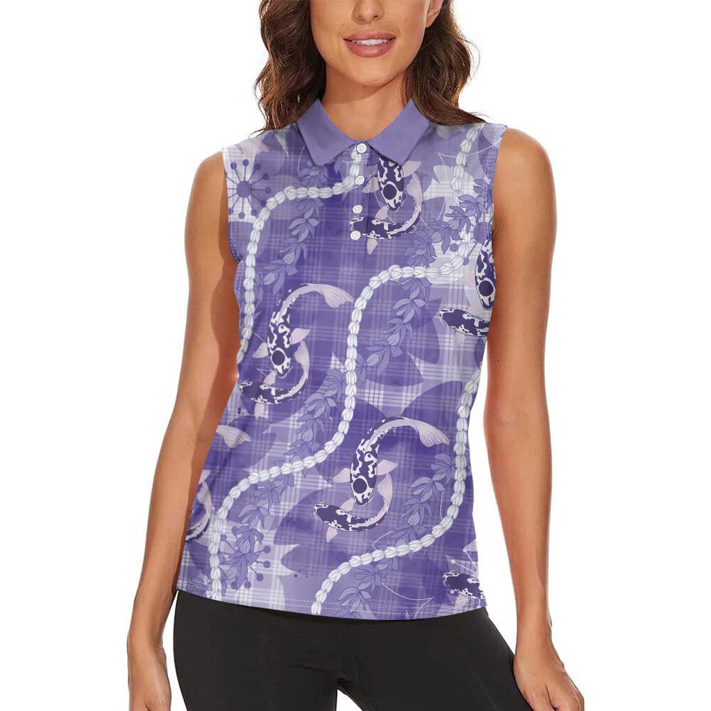 Japanese Koi Fish Women Sleeveless Polo Shirt Purple Wagara Palaka Honohono Pikake Lei