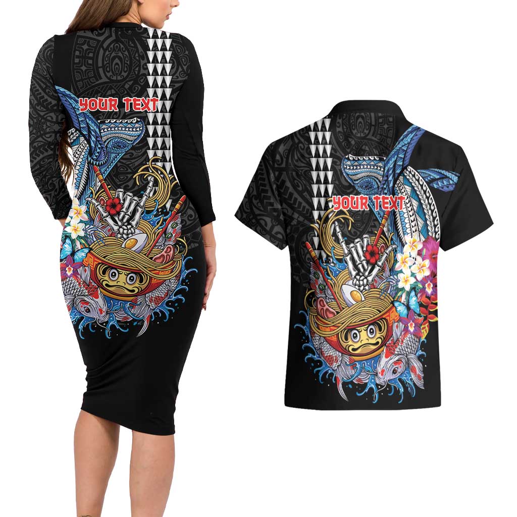 Personalized Japanese Koi Fish Ramen Couples Matching Long Sleeve Bodycon Dress and Hawaiian Shirt Aloha Shark Kakau Pattern