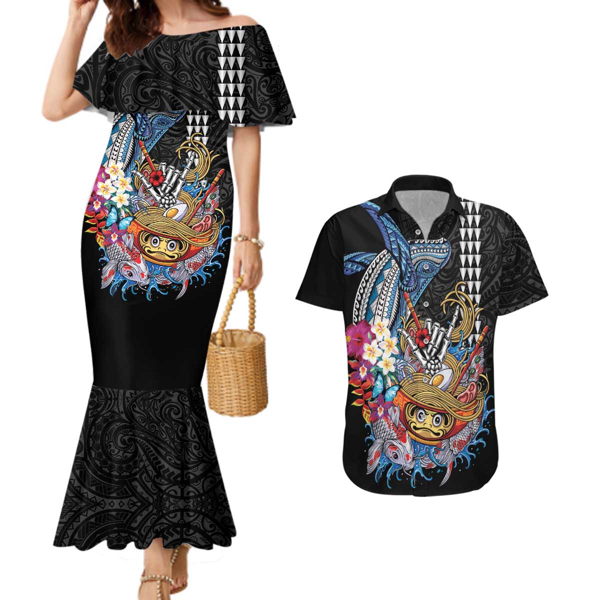 Personalized Japanese Koi Fish Ramen Couples Matching Mermaid Dress and Hawaiian Shirt Aloha Shark Kakau Pattern
