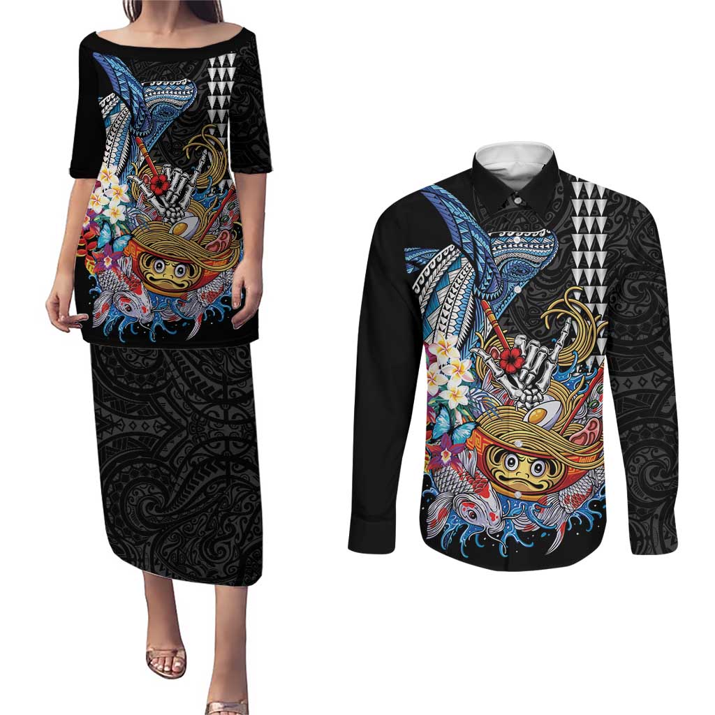 Personalized Japanese Koi Fish Ramen Couples Matching Puletasi and Long Sleeve Button Shirt Aloha Shark Kakau Pattern LT9 Black - Polynesian Pride