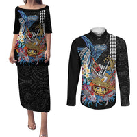 Personalized Japanese Koi Fish Ramen Couples Matching Puletasi and Long Sleeve Button Shirt Aloha Shark Kakau Pattern LT9 Black - Polynesian Pride
