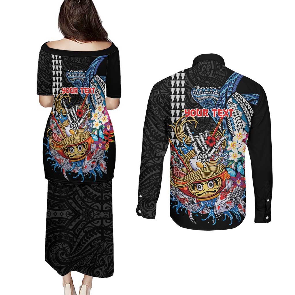 Personalized Japanese Koi Fish Ramen Couples Matching Puletasi and Long Sleeve Button Shirt Aloha Shark Kakau Pattern LT9 - Polynesian Pride
