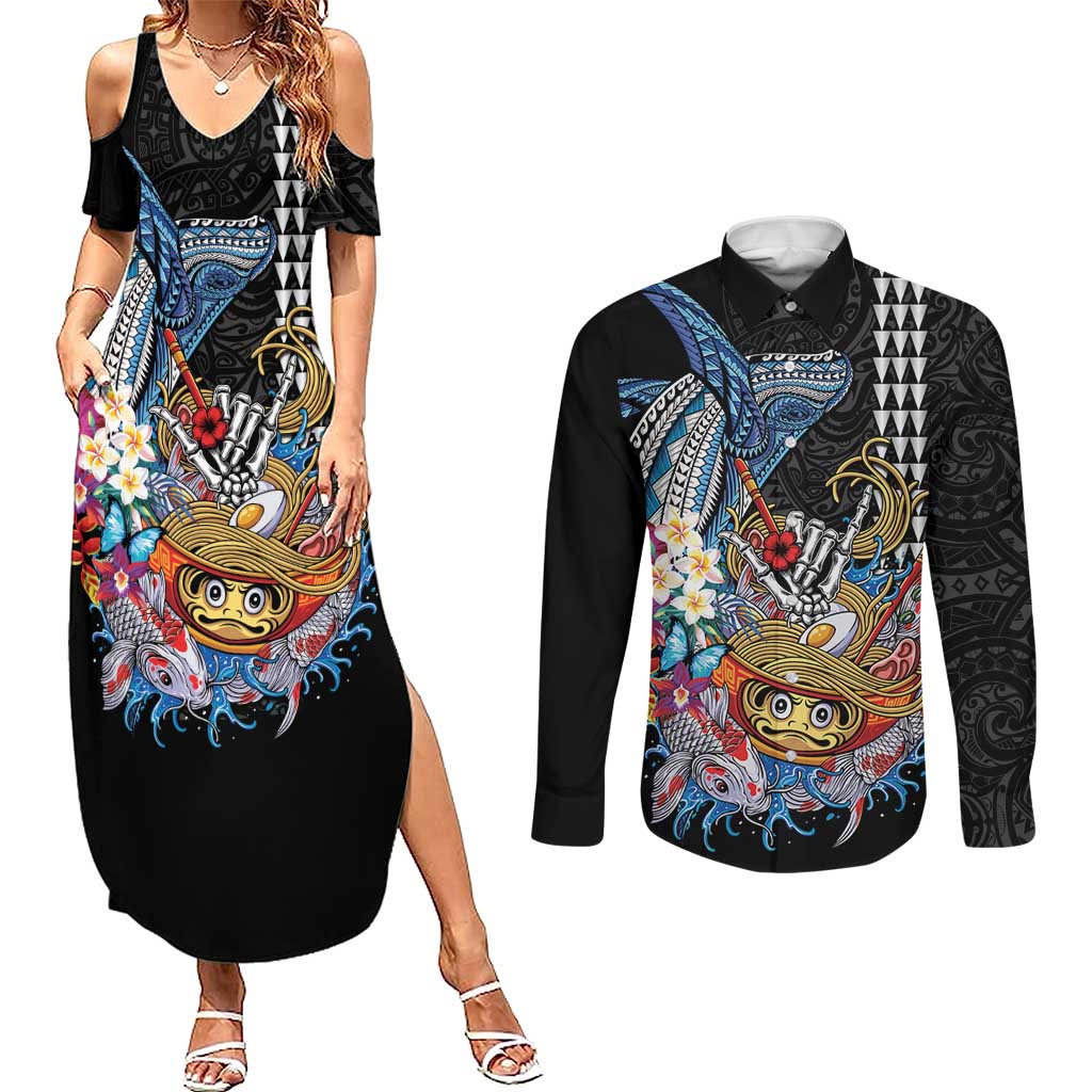 Personalized Japanese Koi Fish Ramen Couples Matching Summer Maxi Dress and Long Sleeve Button Shirt Aloha Shark Kakau Pattern LT9 Black - Polynesian Pride