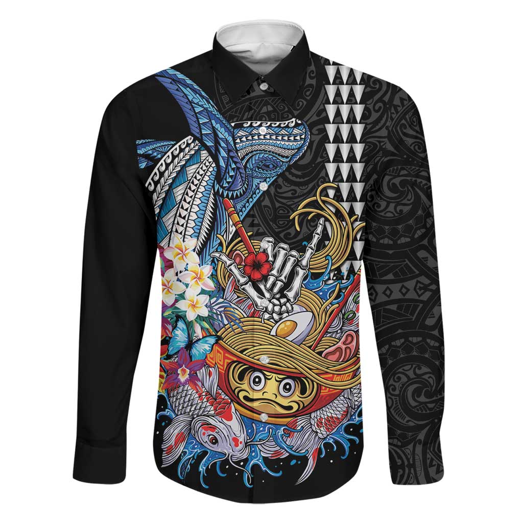 Personalized Japanese Koi Fish Ramen Family Matching Long Sleeve Bodycon Dress and Hawaiian Shirt Aloha Shark Kakau Pattern