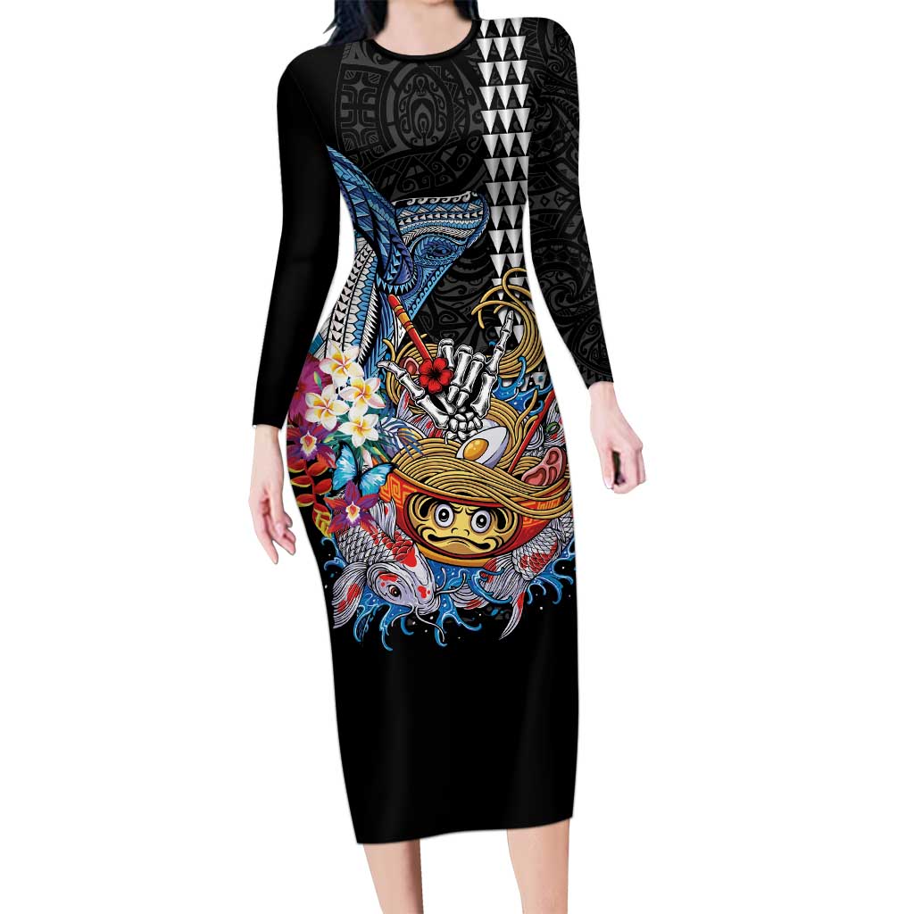 Personalized Japanese Koi Fish Ramen Family Matching Long Sleeve Bodycon Dress and Hawaiian Shirt Aloha Shark Kakau Pattern