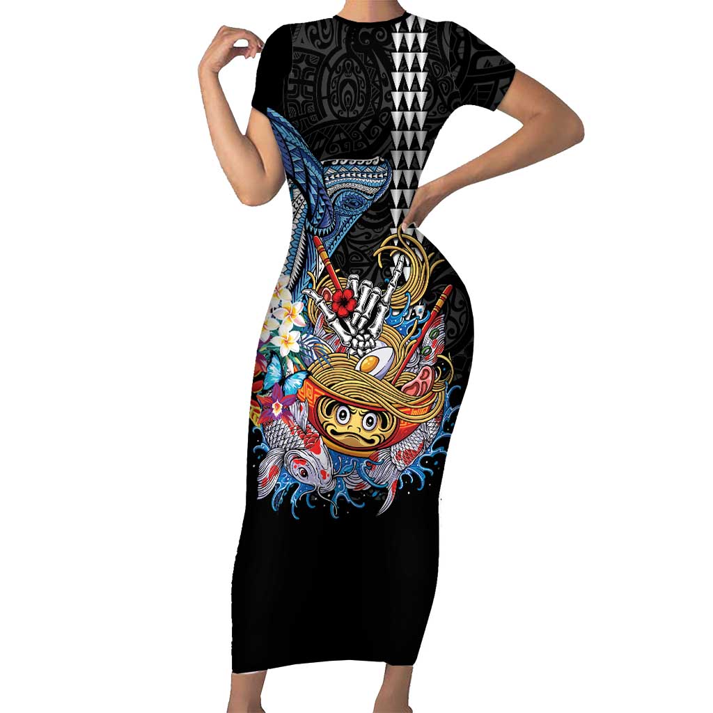 Personalized Japanese Koi Fish Ramen Family Matching Short Sleeve Bodycon Dress and Hawaiian Shirt Aloha Shark Kakau Pattern