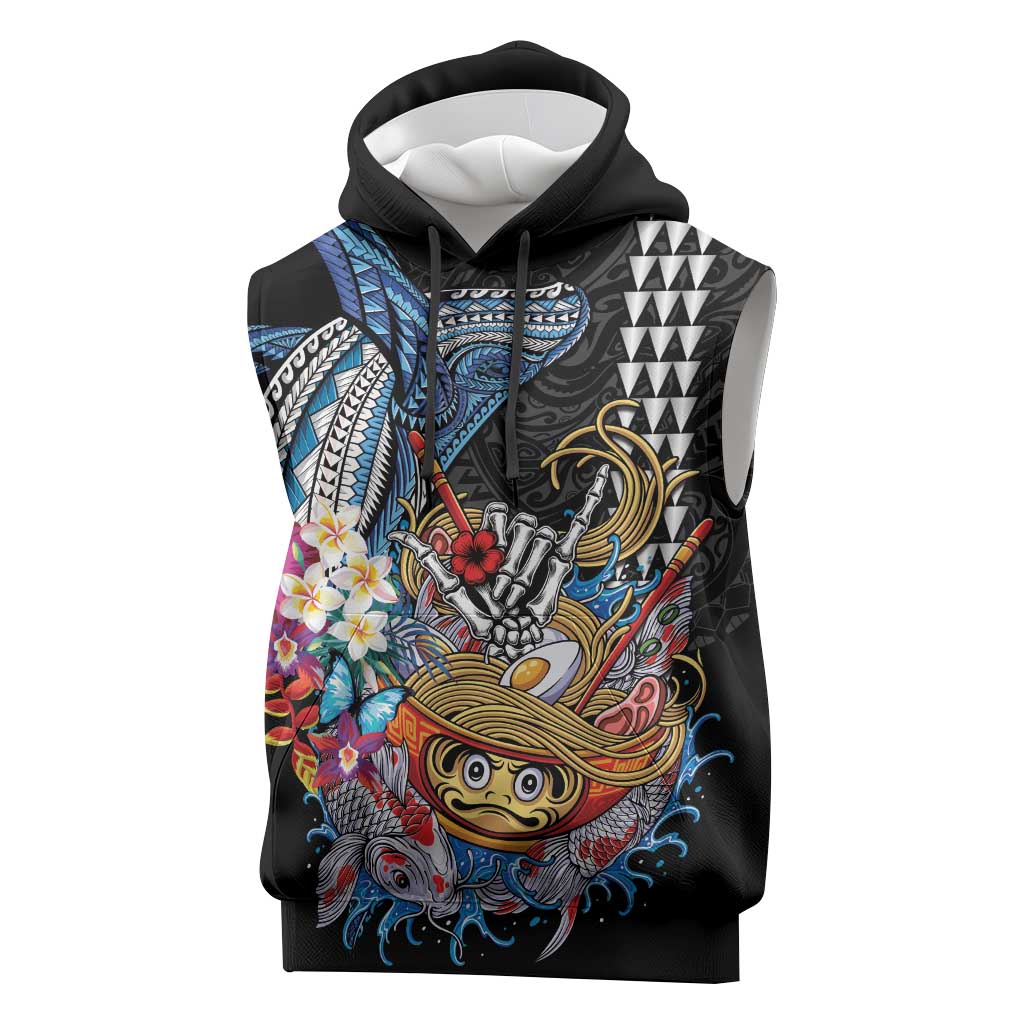 Personalized Japanese Koi Fish Ramen Sleeveless Hoodie Aloha Shark Kakau Pattern LT9 Black - Polynesian Pride