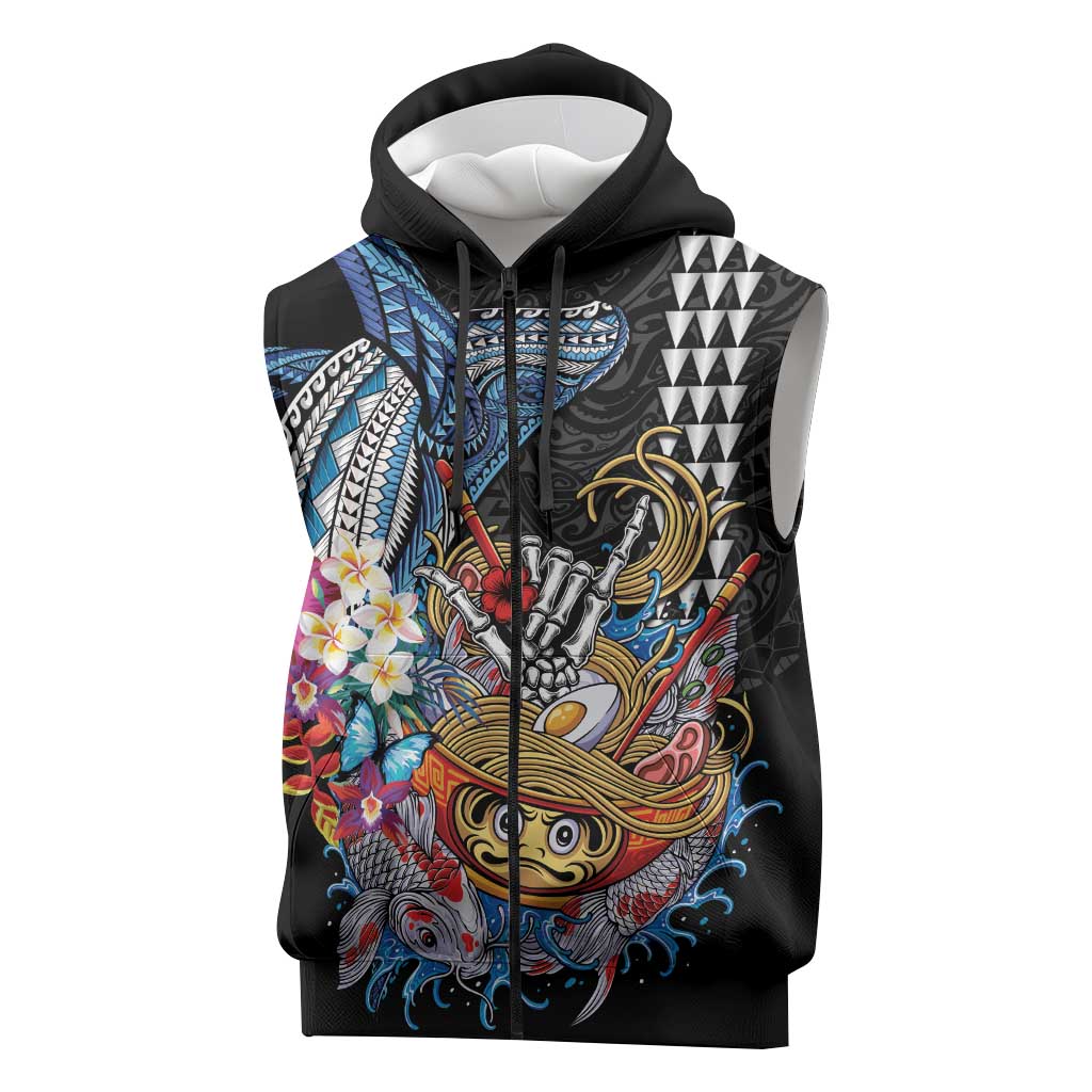 Personalized Japanese Koi Fish Ramen Sleeveless Zip Hoodie Aloha Shark Kakau Pattern LT9 Black - Polynesian Pride