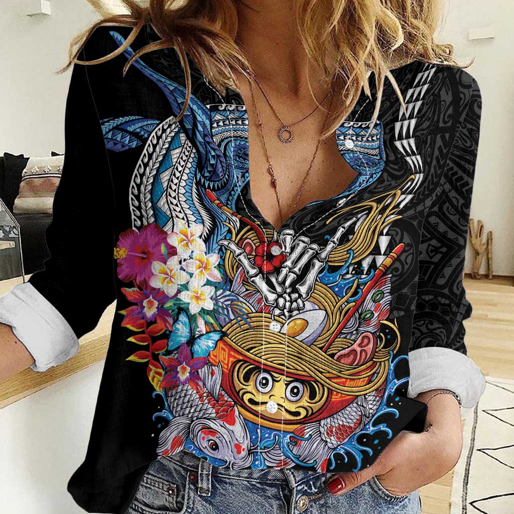 Personalized Japanese Koi Fish Ramen Women Casual Shirt Aloha Shark Kakau Pattern LT9 Female Black - Polynesian Pride