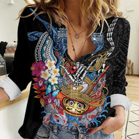 Personalized Japanese Koi Fish Ramen Women Casual Shirt Aloha Shark Kakau Pattern LT9 Female Black - Polynesian Pride