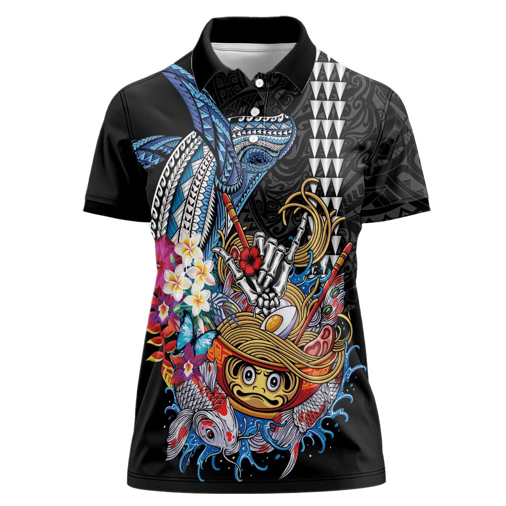 Personalized Japanese Koi Fish Ramen Women Polo Shirt Aloha Shark Kakau Pattern LT9 Female Black - Polynesian Pride