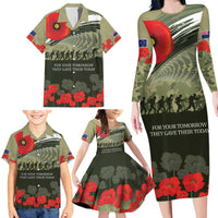ANZAC Day We Remember Family Matching Long Sleeve Bodycon Dress and Hawaiian Shirt Maori Silver Fern Camouflage Motif