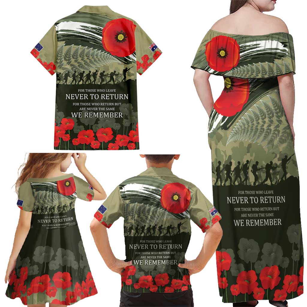 ANZAC Day We Remember Family Matching Off Shoulder Maxi Dress and Hawaiian Shirt Maori Silver Fern Camouflage Motif