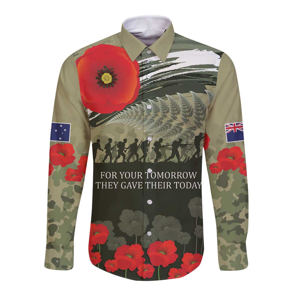 ANZAC Day We Remember Long Sleeve Button Shirt Maori Silver Fern Camouflage Motif LT9 Unisex Green - Polynesian Pride