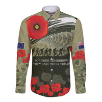 ANZAC Day We Remember Long Sleeve Button Shirt Maori Silver Fern Camouflage Motif LT9 Unisex Green - Polynesian Pride