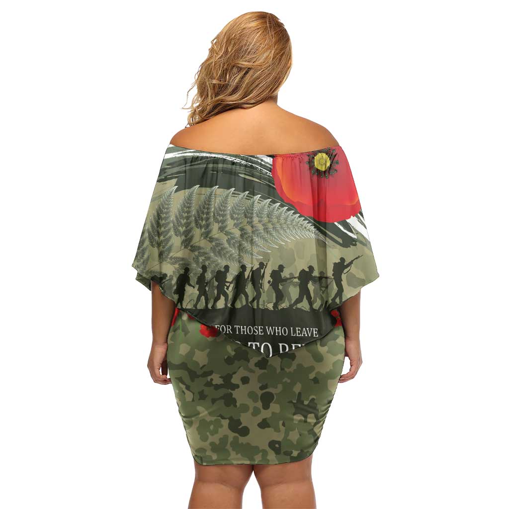 ANZAC Day We Remember Off Shoulder Short Dress Maori Silver Fern Camouflage Motif